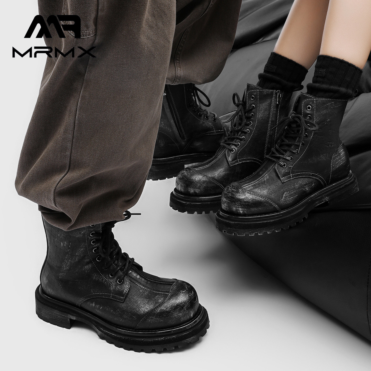 MRMX情侣款2025年新款真皮厚底增高短筒男女款复古户外高帮马丁靴,流行男鞋,马丁靴,淘宝优惠券,粉丝福利购,淘宝优惠卷