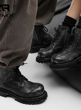 MRMX情侣款2025年新款真皮厚底增高短筒男女款复古户外高帮马丁靴