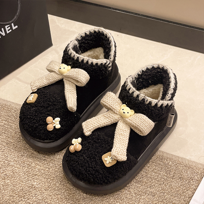 蝴蝶结棉拖鞋女士冬季保暖加绒可爱室内居家厚底包跟外穿棉鞋女款
