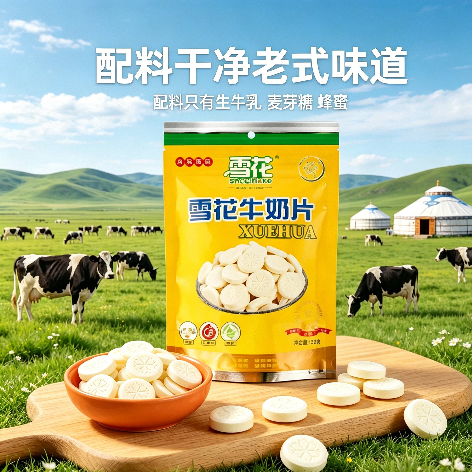 雪花经典原味牛奶片无添加儿童健康零食内蒙古特产奶贝牛奶压片糖