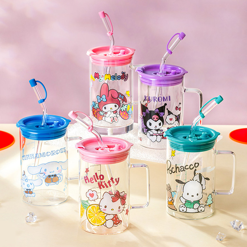 Hellokitty吸管玻璃杯女生刻度水杯一人一色杯子库洛米冷饮奶茶杯