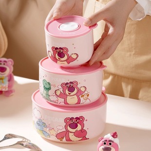 迪士尼陶瓷保鲜碗高颜值草莓熊泡面碗带盖家用便当碗圆形上班饭盒