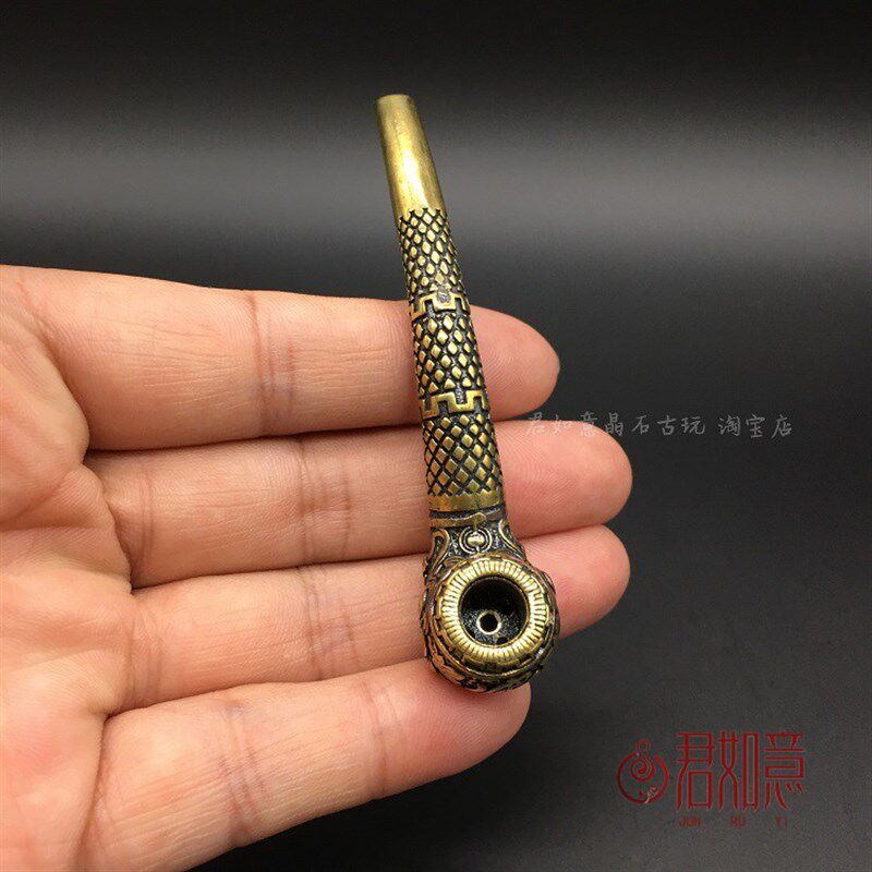 纯铜佛字烟斗黄铜雕花老烟斗烟嘴烟袋过古玩铜器收藏