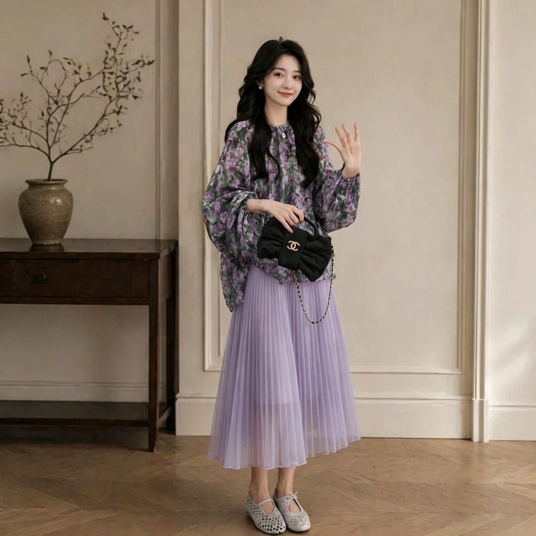 2026套装女时尚百搭设计感碎花大领衬衫百搭减龄波浪边大摆半身裙