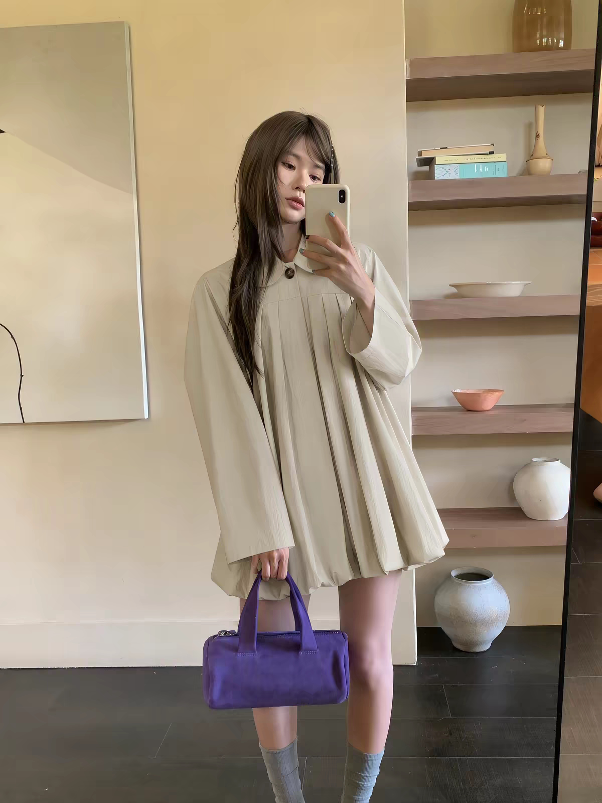 2026秋季新款韩版时尚百搭娃娃领长袖外套女宽松显瘦中长款上衣