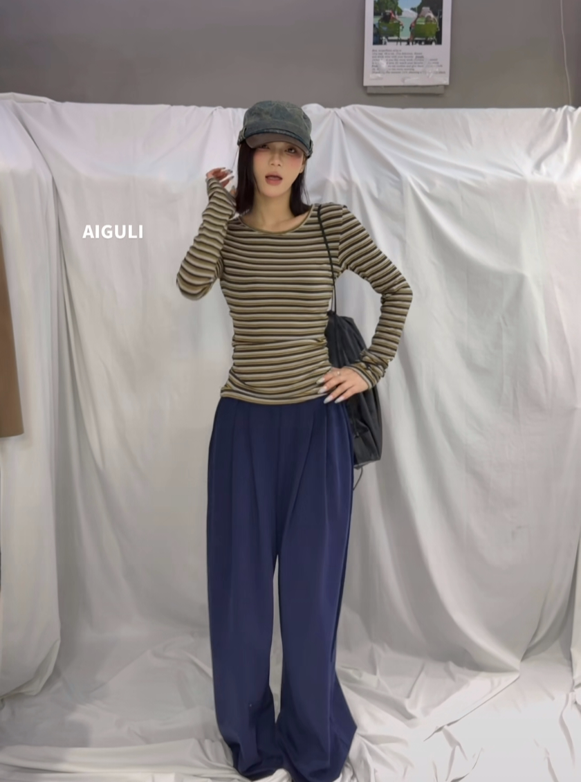 2026秋季新款韩版时尚百搭条纹长袖T恤女修身显瘦打底衫上衣