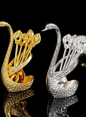 欧式创意金属工艺品餐具小号天鹅勺叉收纳厨房时尚点心勺摆件礼品