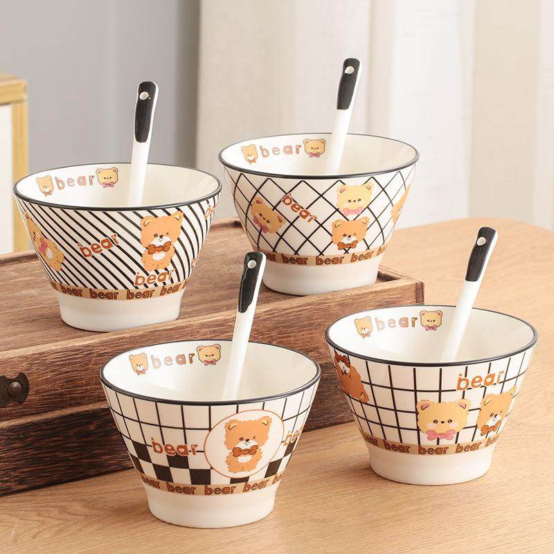 陶瓷餐具卡通格子熊米饭碗斗笠碗5英寸家用防烫厂家加厚瓷