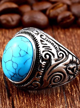 欧美个性复古绿松石裂纹百搭指环戒指街头潮流