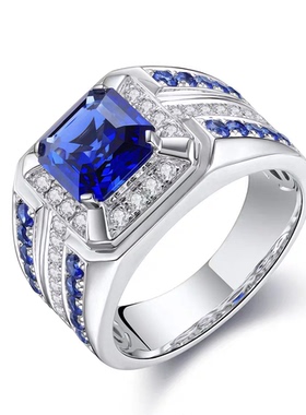 新款满钻银色男款戒指 合金镶嵌蓝色方钻锆石戒指潮男戒