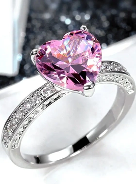 欧美新款结婚戒指 镶嵌心形粉钻锆石戒指 女士订婚手饰品