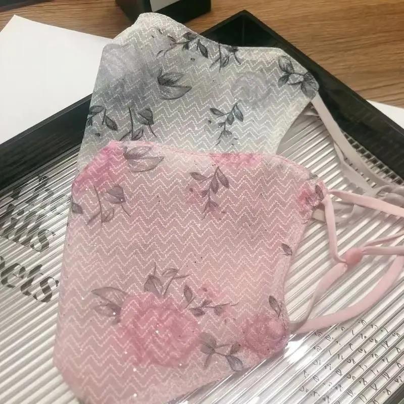 夏季新款防晒薄款透气亮片口罩女蕾丝可调节水洗时尚气质仙女风