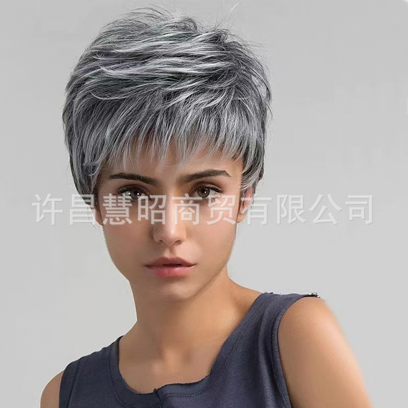 欧美外贸时尚女士假发头套灰白混色短发高温丝蓬松卷发短发