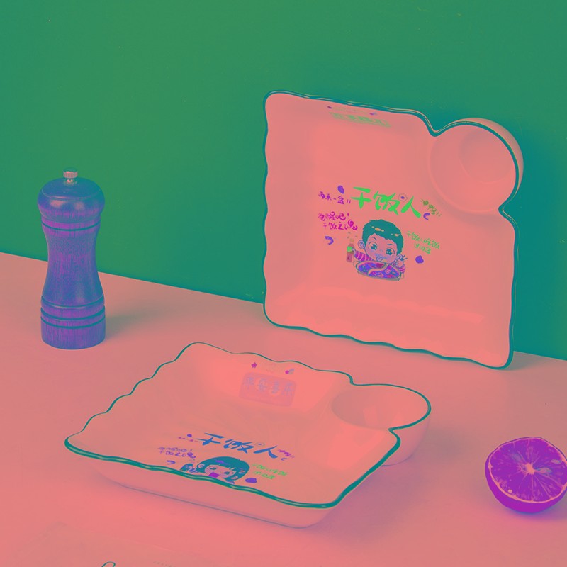 现货速发小清新饺子盘带醋碟家用早餐盘带酱料碟可爱寿司盘陶瓷盘