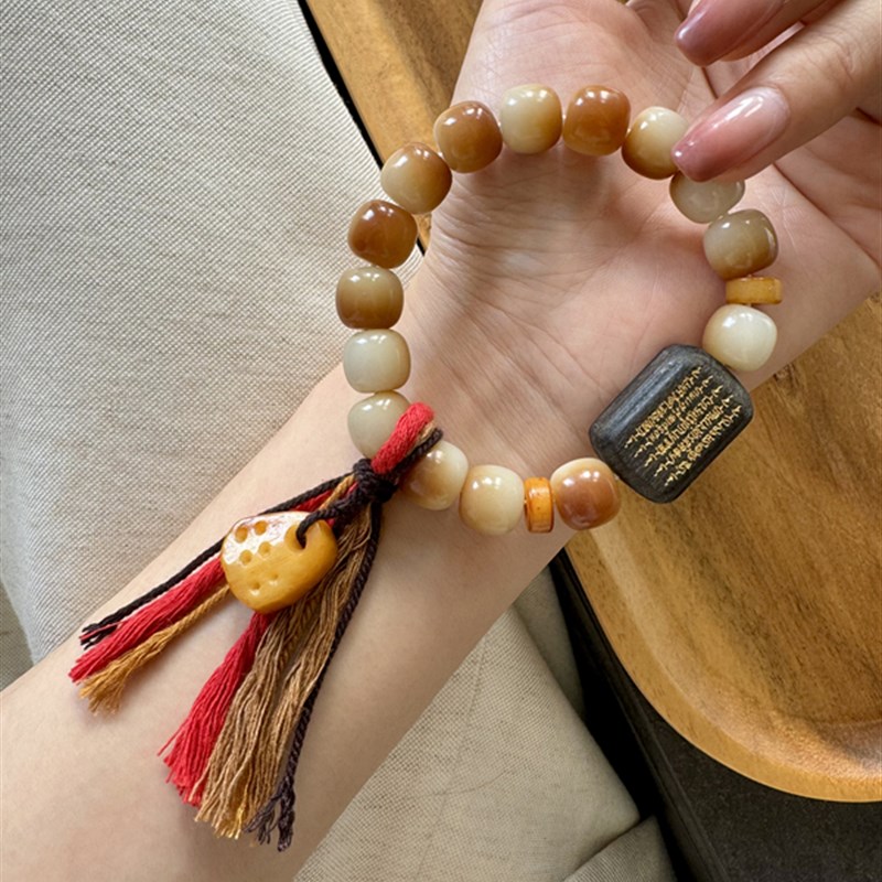 现货速发炭烤菩提桶珠手串 搭配沉香五条经文牌 驼骨咒点卡子 DM7