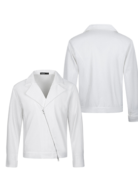 Succinct“斜”细条纹斜拉链翻领短款衬衫通勤休闲合身长袖夹克