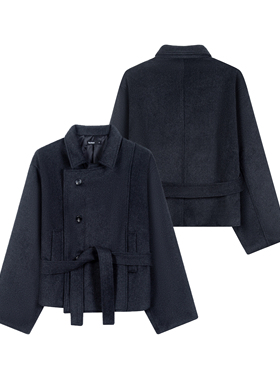 Succinct“摩”羊毛茧型双门襟毛呢中长款夹克翻领秋冬加厚外套