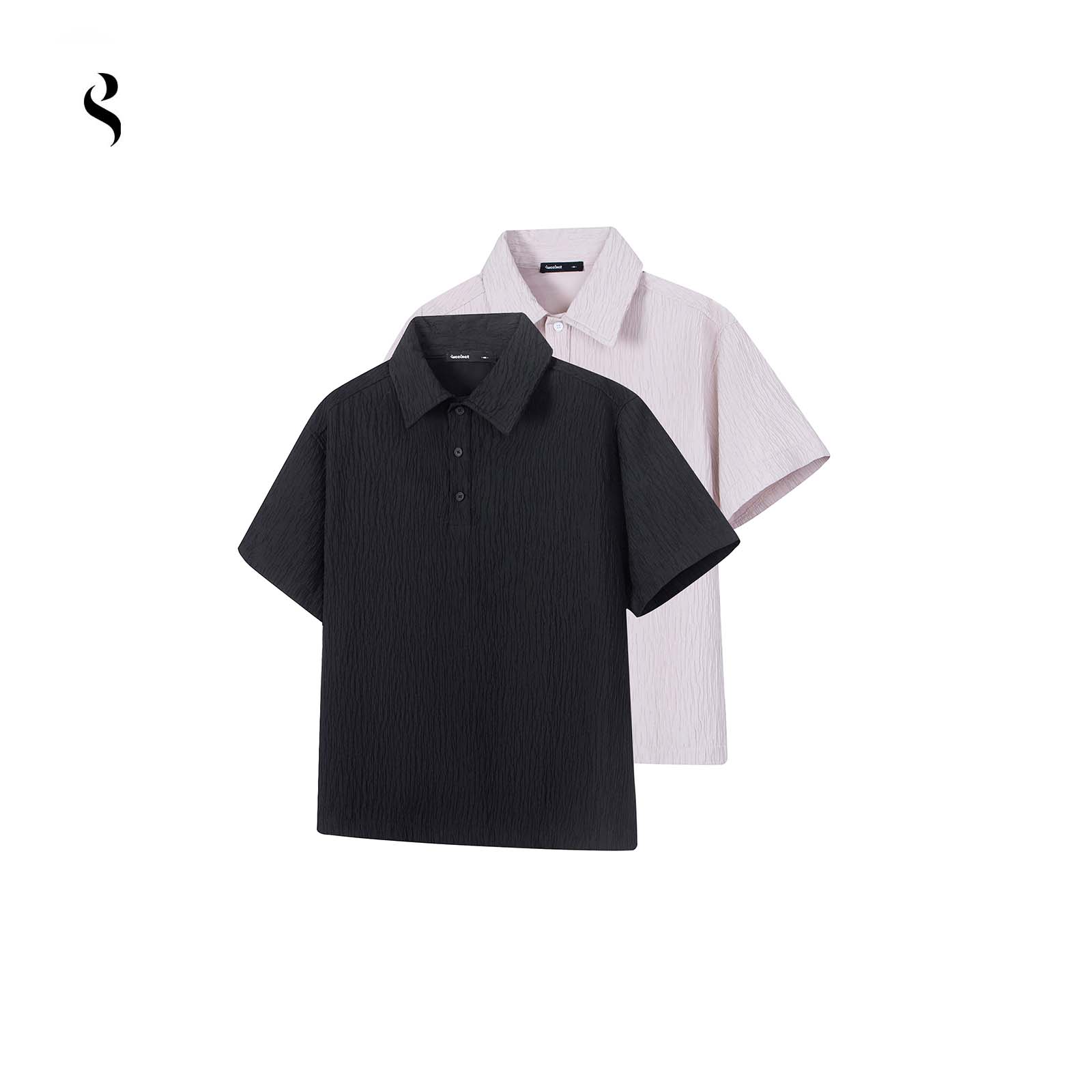 Succinct“树纹”肌理树纹褶皱Boxy短宽廓形短袖衬衫夏季翻领上衣