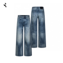 冰蓝水洗做旧激光猫须点针刺绣微阔直筒A字牛仔裤 Succinct 棘