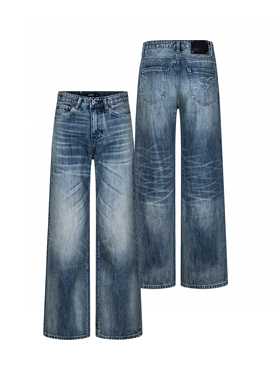 Succinct“棘”冰蓝水洗做旧激光猫须点针刺绣微阔直筒A字牛仔裤