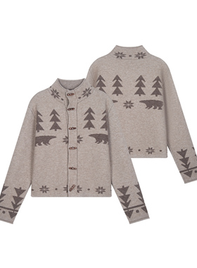 Succinct“诞”暖冬密语羊毛费尔岛小熊提花加厚合身短款开衫毛衣