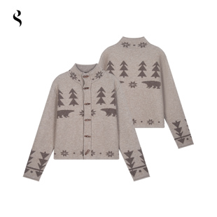 Succinct“诞”暖冬密语羊毛费尔岛小熊提花加厚合身短款开衫毛衣