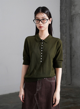 EyesMag 16针超细全棉半袖机织POLO衫T恤女夏-紫色/黑色/橄榄绿