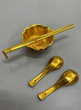 复古锌合石金金镶宝碗筷勺鎏子一套艺品文创市工集古玩老物件2025