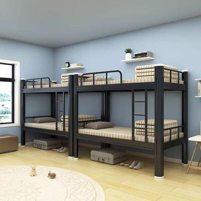 下铺铁架层床员工学生宿舍高床低qz-25611简约公寓床钢制上黑双白