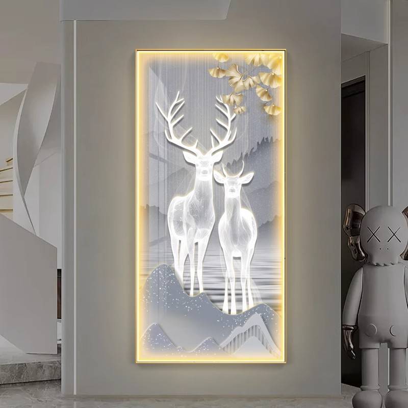 GULAGOS轻奢抽象麋鹿玄关装饰画竖版led灯壁画入户走廊过道挂画现图片