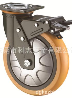 美P式07墨绿支架6寸平塑底料双刹橙色DMX圆面U脚轮J7-010-150-262