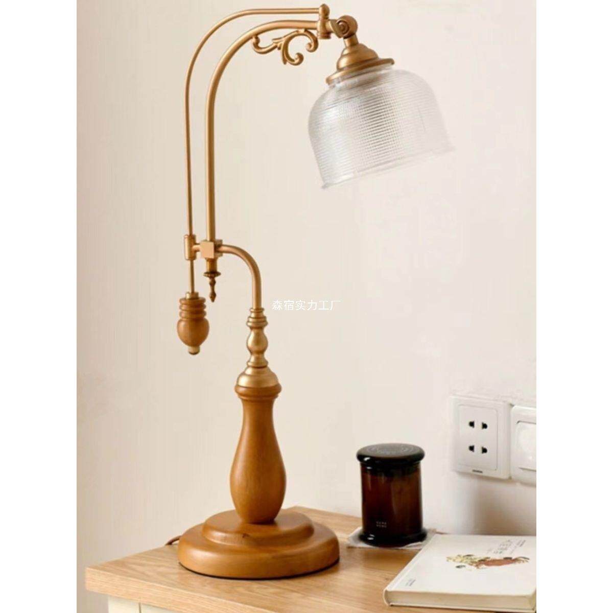 式复古实木台灯美村艺日式44447乡卧室床头阅读灯蜂蜜色底座玻文