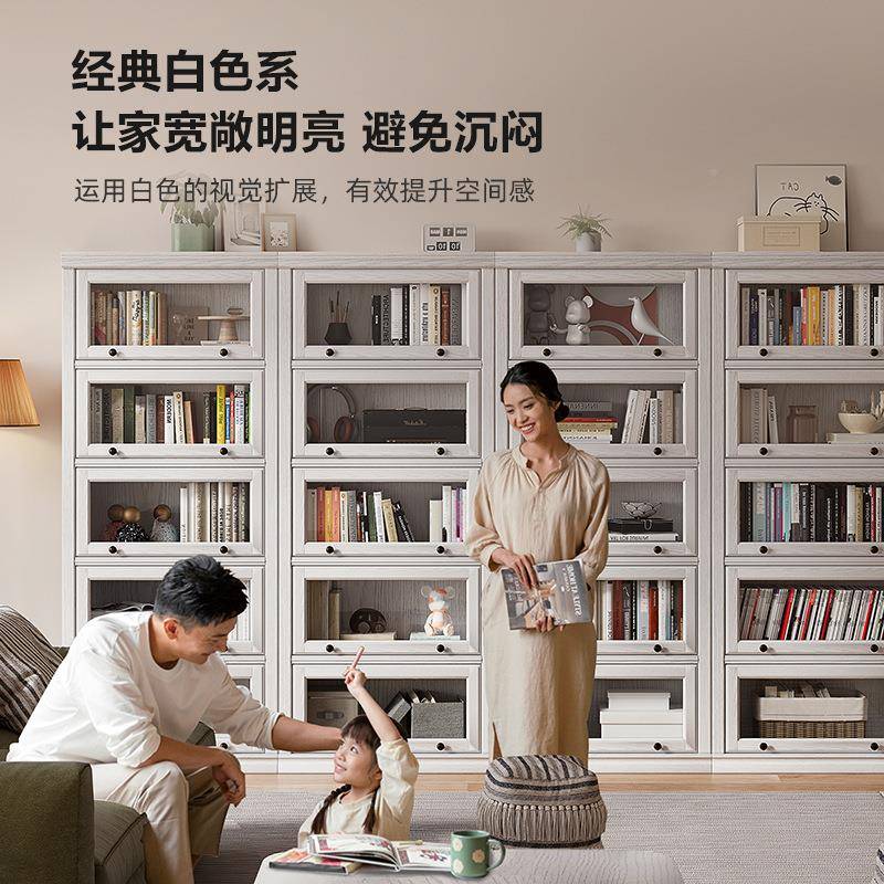 白色木书柜带玻TIV璃门客家厅实一体整墙落地书防尘美式架用储物