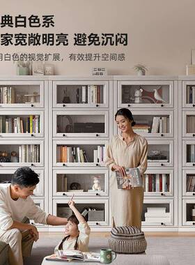 白色木书柜带玻TIV璃门客家厅实一体整墙落地书防尘美式架用储物