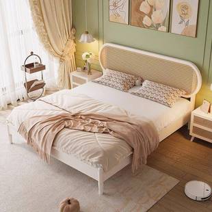藤编色床现代简卧室田园风白18双人民米宿约床藤床法式奶油风AXJ