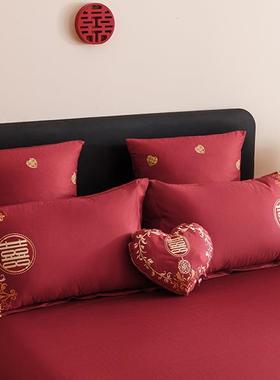 高档套婚0庆10支长绒棉全棉红色纯棉刺绣HTX色四件结婚红喜庆新人