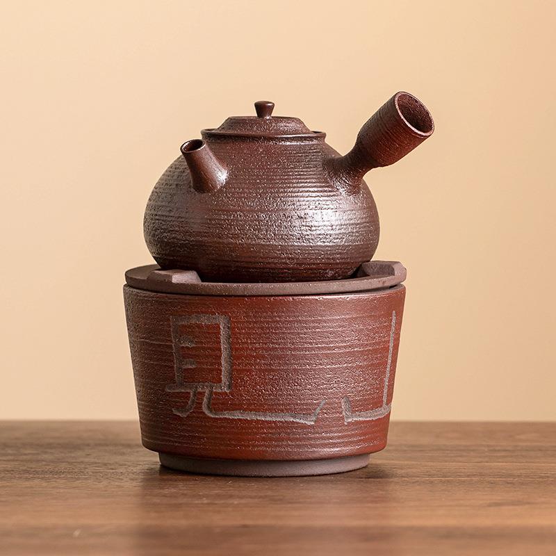 厂家粗红泥煮式茶温茶炉侧把壶24JS12-1见茶陶山晚清炭炉壶中煮茶