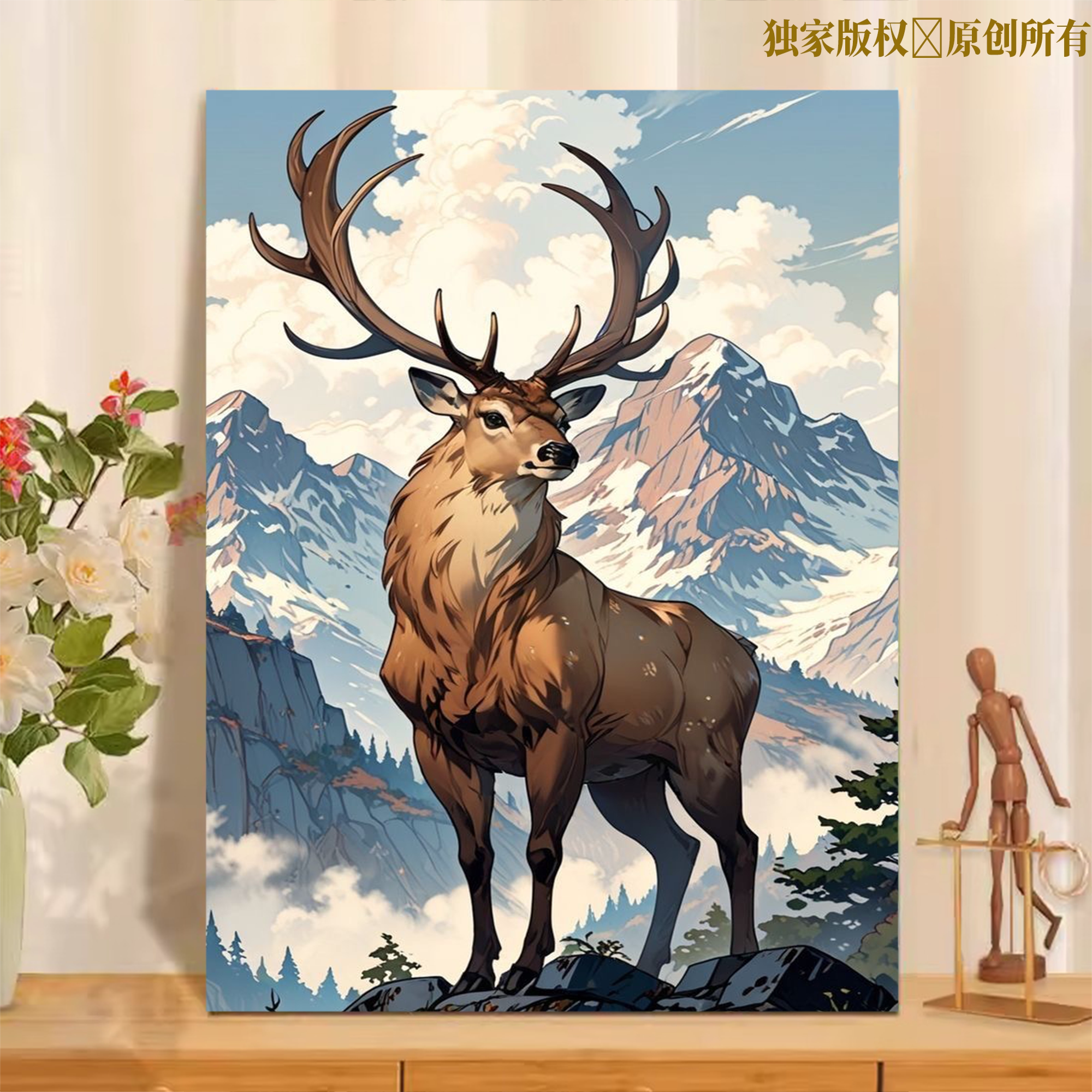 梅花鹿数字油画实木diy填色手工简单可爱解压涂色卡通手绘装饰画