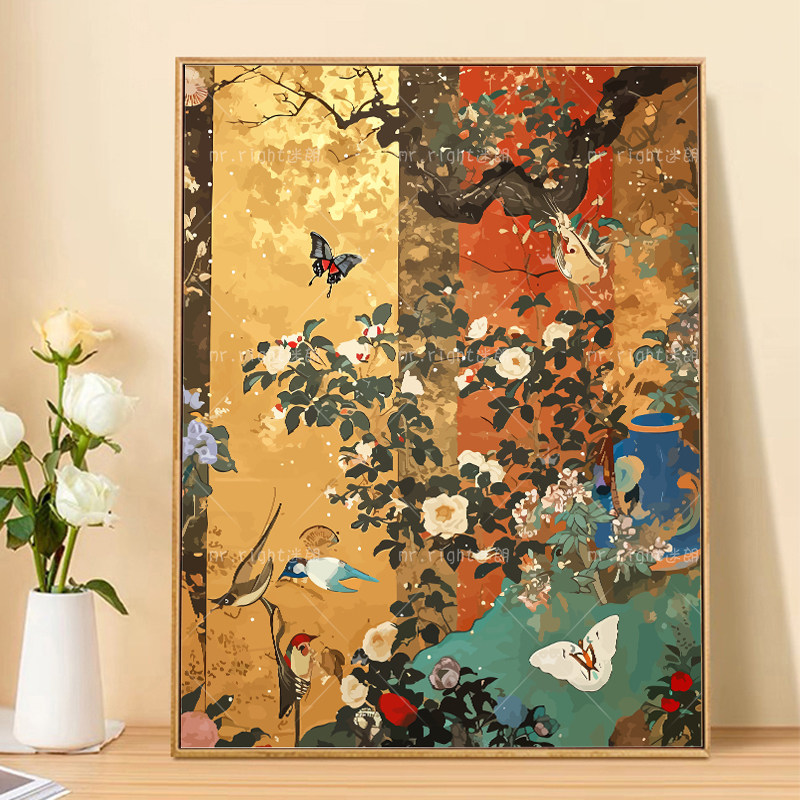 成人解压数字油画diy填充手绘手工填色涂色玄关彩画 中式国风花鸟