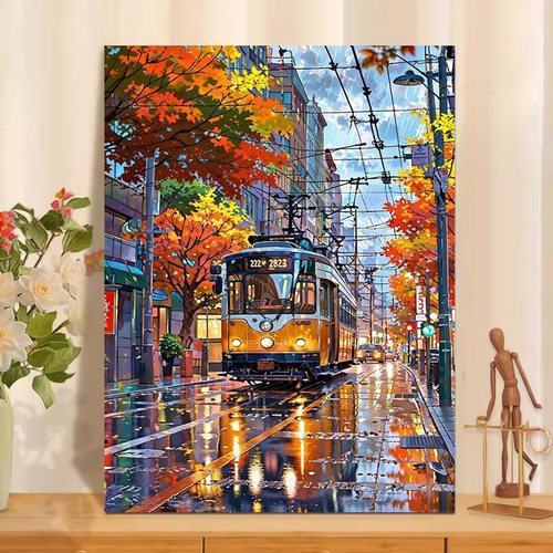 唯美列车数字油画diy填色手工填色手绘油彩画丙烯颜料减压填色画