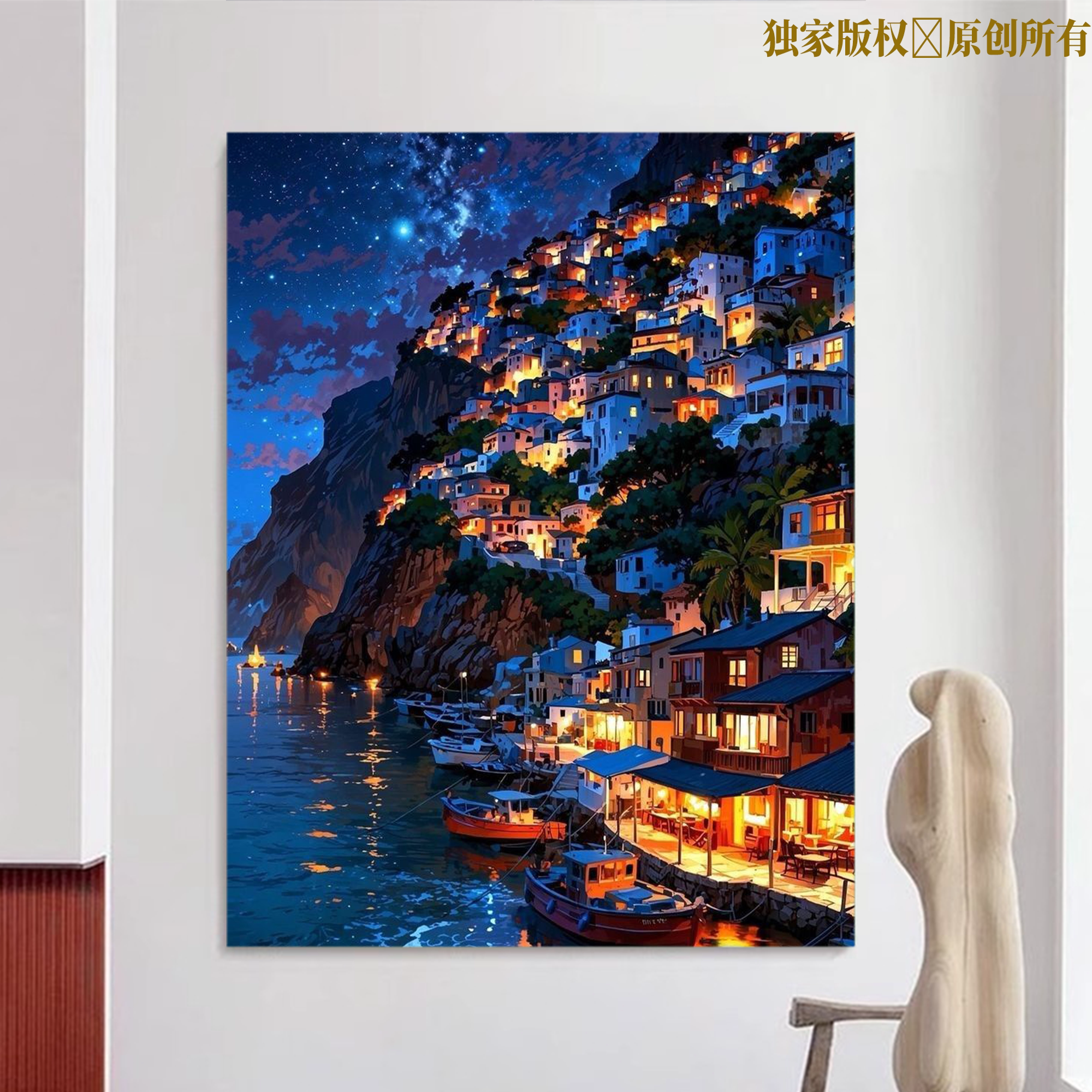 夜景漫画风景画数字油画diy实木填色手工解压涂色卡通手绘装饰画