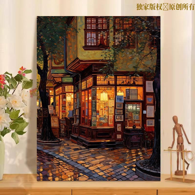 深夜街道数字油画diy填色手工填色手绘油彩画丙烯颜料减压填色画