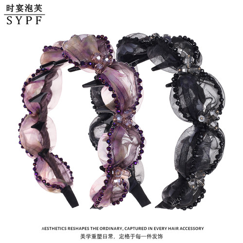 时宴泡芙【梦蝶之境】油画复古发箍手缝冰晶温柔头箍带齿防滑发卡