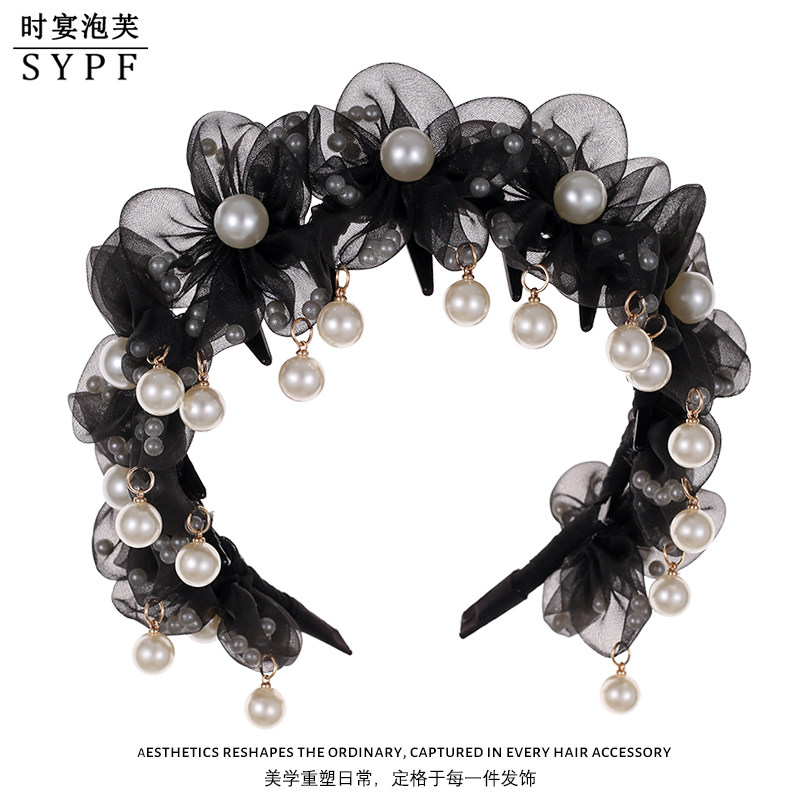 时宴泡芙【珠光花语】韩系氛围感发箍珠珠网纱高颅顶带齿防滑发卡