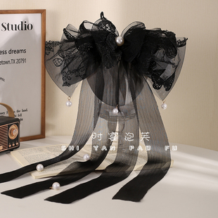 【韶华若锦】弹簧夹蝴蝶结仙女长款飘带发饰薄纱刺绣珠珠头饰