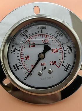 0-250bar 0-3500psi 轴向带边耐震压力表 大圈直径89mm 后壳62mm