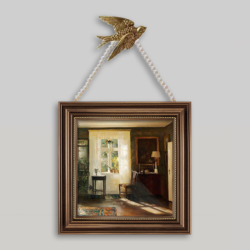 壁画燕子法式中古风玄关餐厅装饰画美式复古客厅挂画卧室床头珍珠