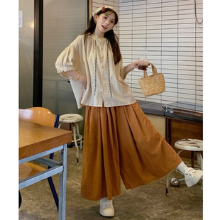 大码2025夏季新款胖mm宽松刺绣衬衫+百搭阔腿裤显瘦套装