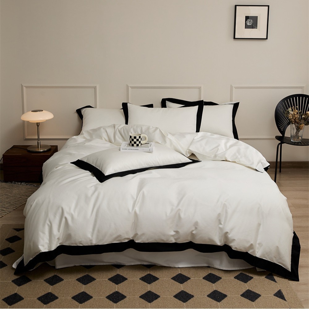 简约素色轻奢贡缎长绒棉四件套高支密宽边撞色品气质床被套