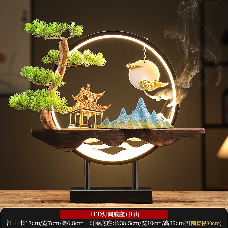桌面创意新中式禅意摆件灯圈开业礼品家居装饰品客厅办公室小夜灯